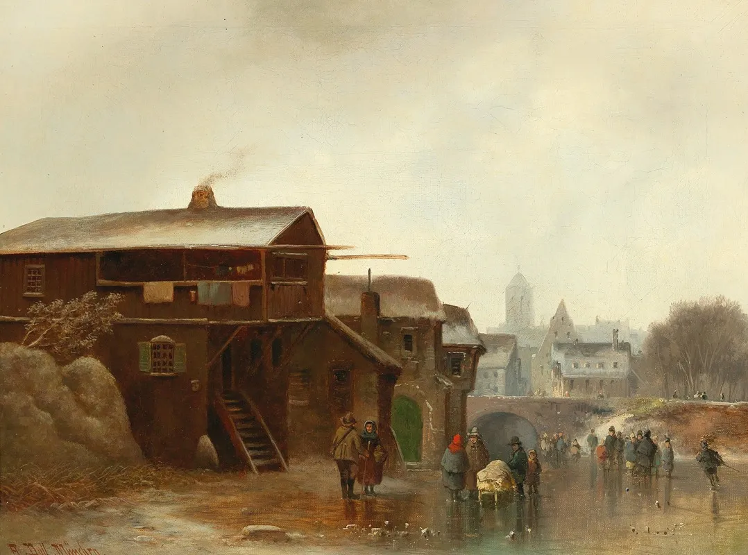 Winter Amusements With A Town In The Background by Anton Doll - Canvas Print