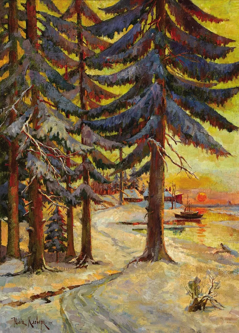 Winter Evening On The Lake by Julius Sergius Klever - Canvas Print