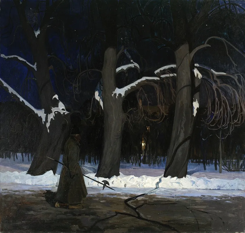 Winter Landscape At Night With A Halberdier