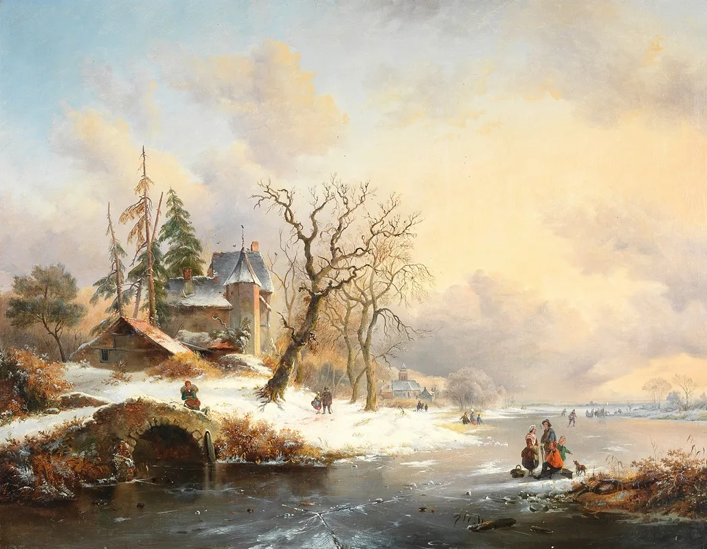 Winter Landscape With Figures Near A Mansion by Frederik Marinus Kruseman - Canvas Print