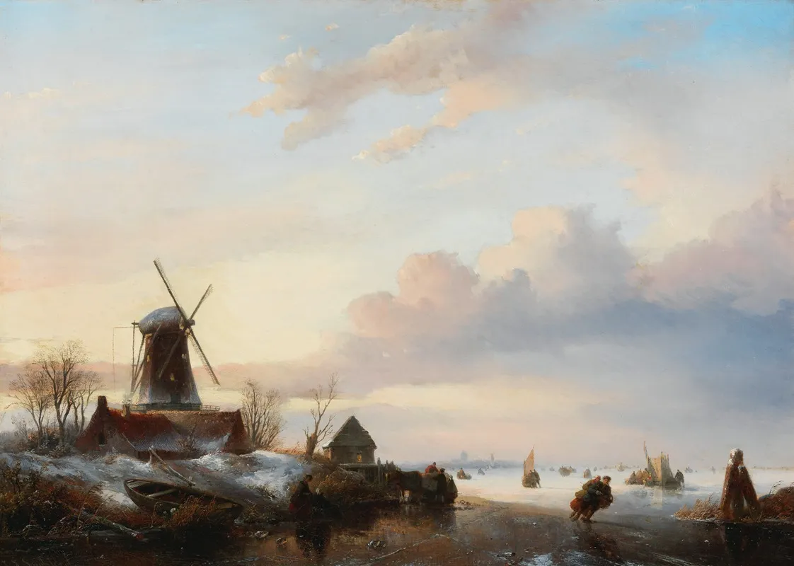 Winter Landscape With Skaters Beside A Windmill by Jan Jacob Coenraad Spohler - Canvas Print