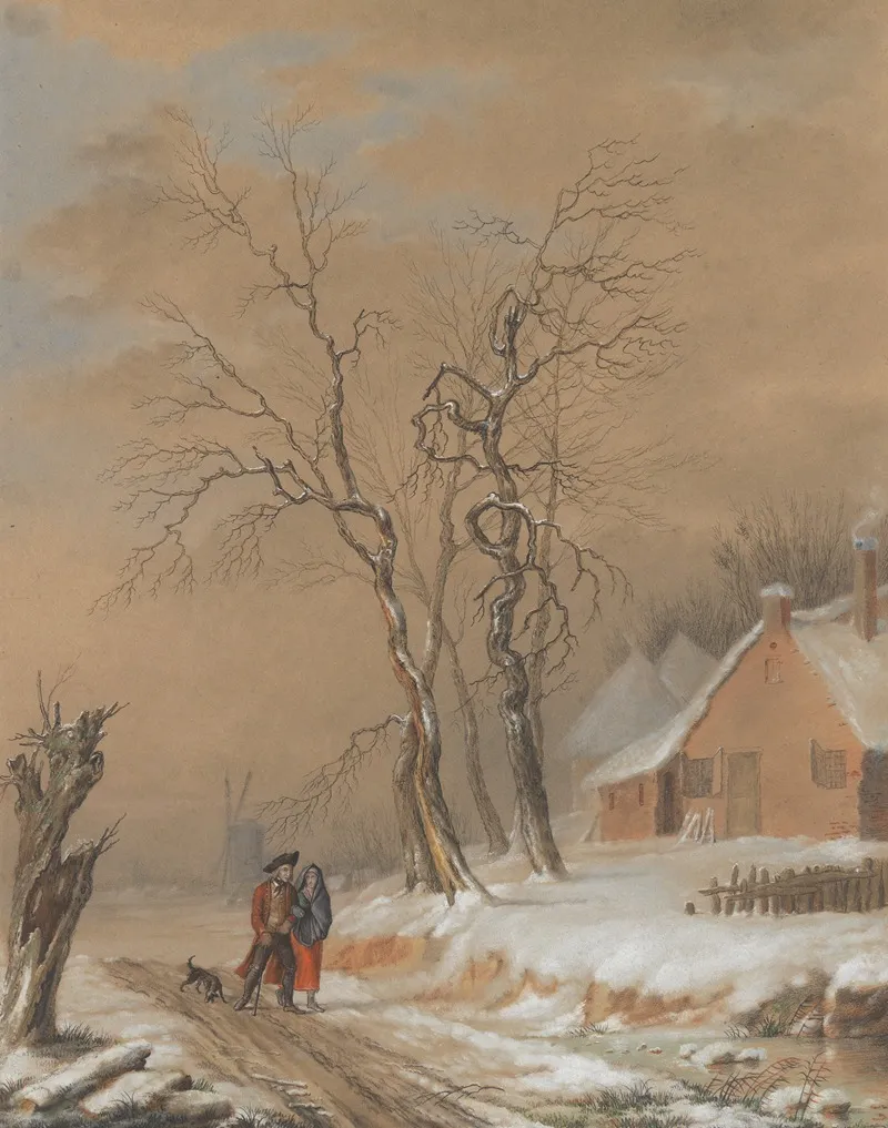 Winter Landscape With Two Figures And A Dog