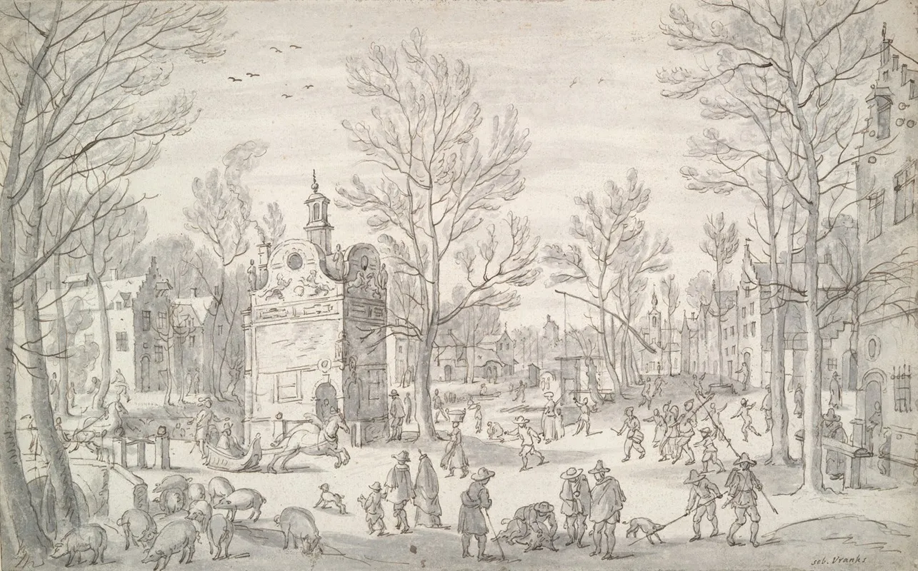 Winter Scene In The City by Sebastian Vrancx - Canvas Print