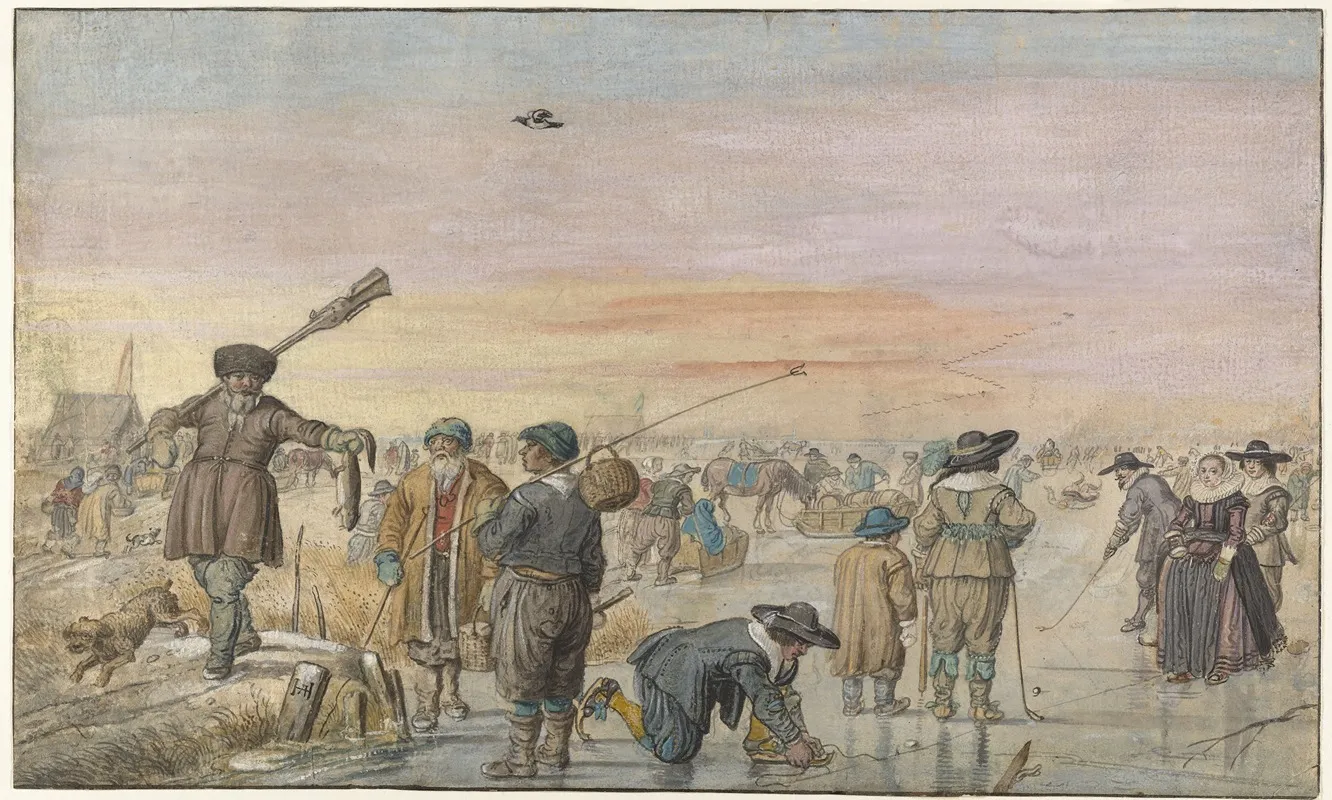Winter Scene On The Ice With A Hunter Showing An Otter by Hendrick Avercamp - Canvas Print
