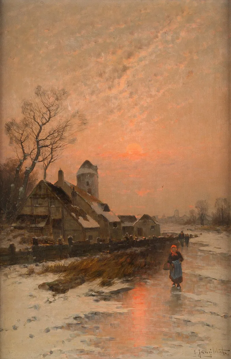 Winter Sun Over Iced Lake by Johann Jungblut - Canvas Print
