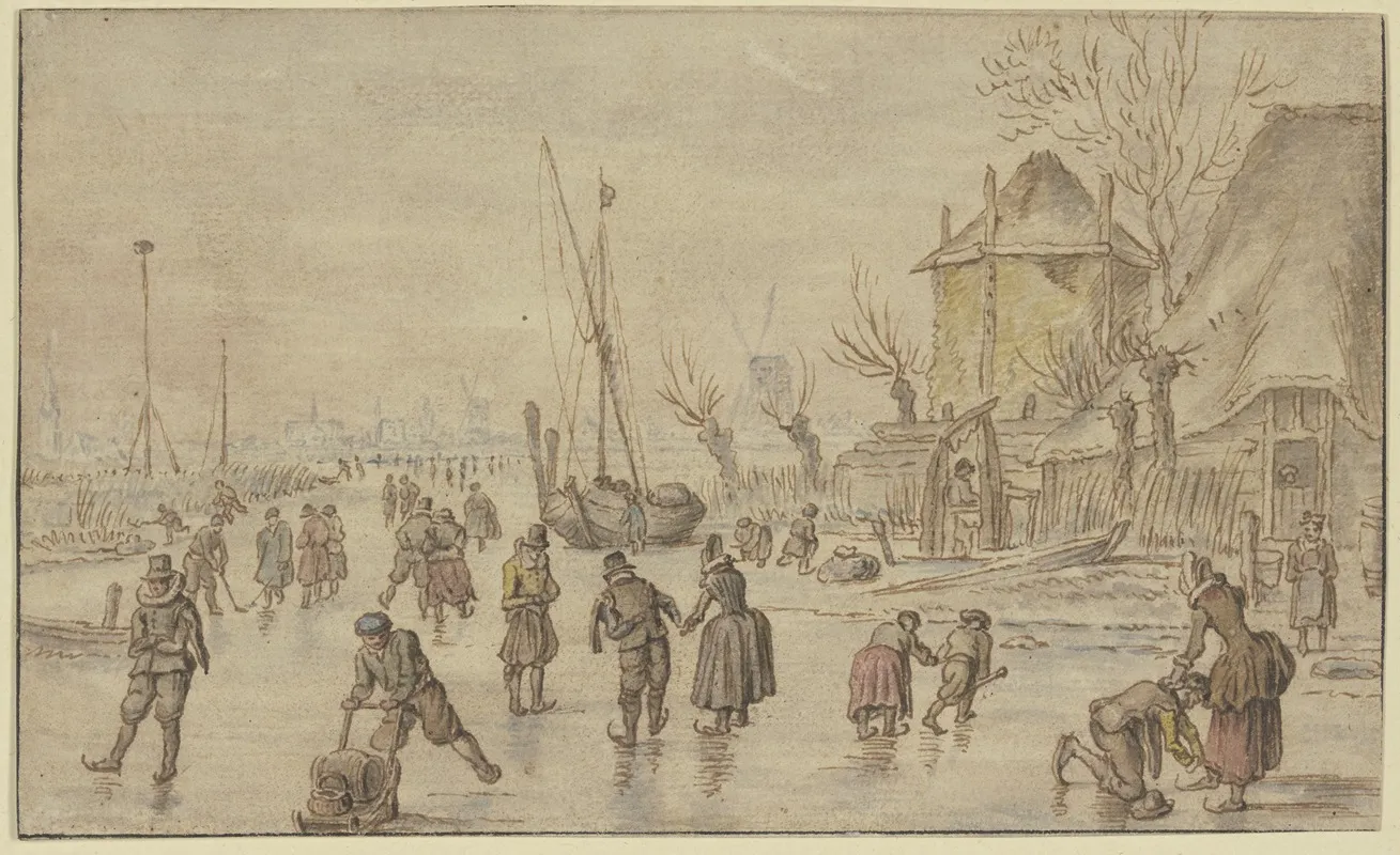 Winterlandschaft Auf Dem Eis Viele Schlittschuhlaufer Rechts Schnallt Ein Mann Einer Frau Die Schlittschuhe An by Hendrick Avercamp - Canvas Print