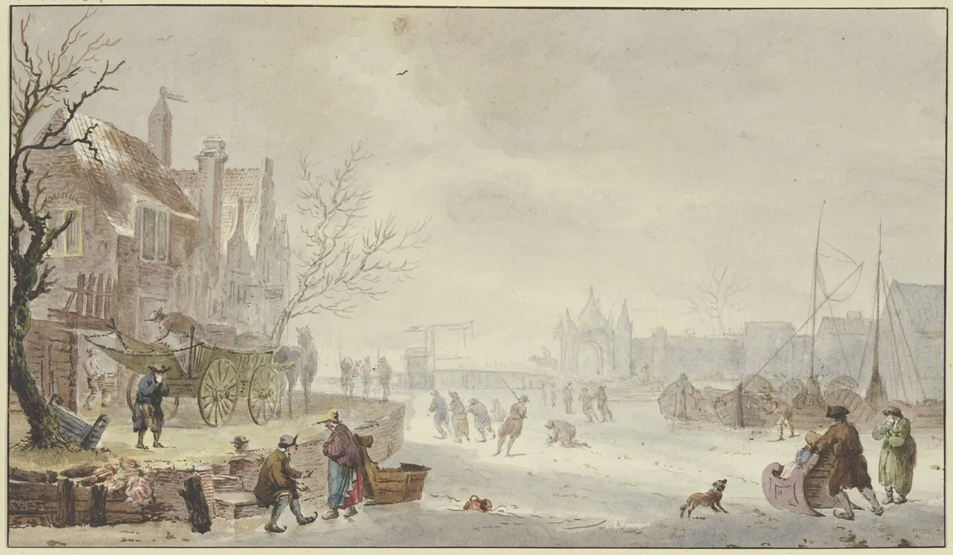 Winterlandschaft Auf Dem Flus Schlittschuhlaufer Links Am Quai Ein Wagen by J. H. Van Loon - Canvas Print