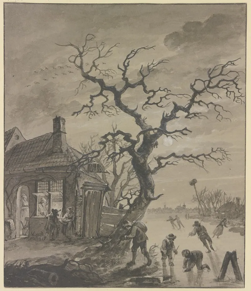 Winterlandschaft Im Mondschein Mit Schlittschuhlaufern Bei Einem Beleuchteten Haus Und Einem Kahlen Baum by Adrianus de Visser - Canvas Print