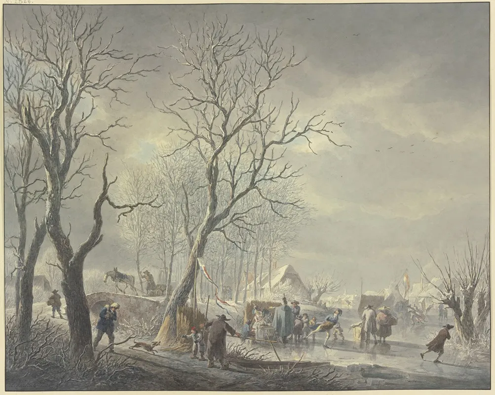 Winterlandschaft Schlittschuhlaufer Bei Zelten Auf Dem Kanal Ein Husar Umarmt Ein Getranke Haltendes Madchen by Abraham Teerlink - Canvas Print