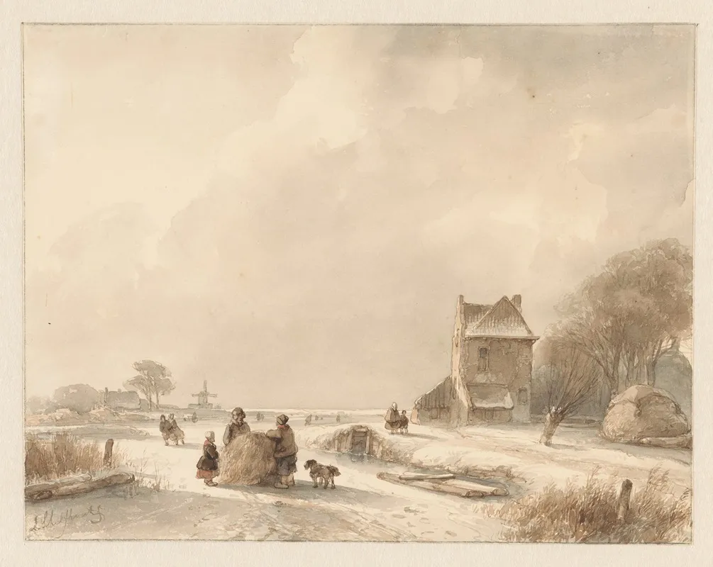 Winterlandschap Met Hooislee En Schaatsers