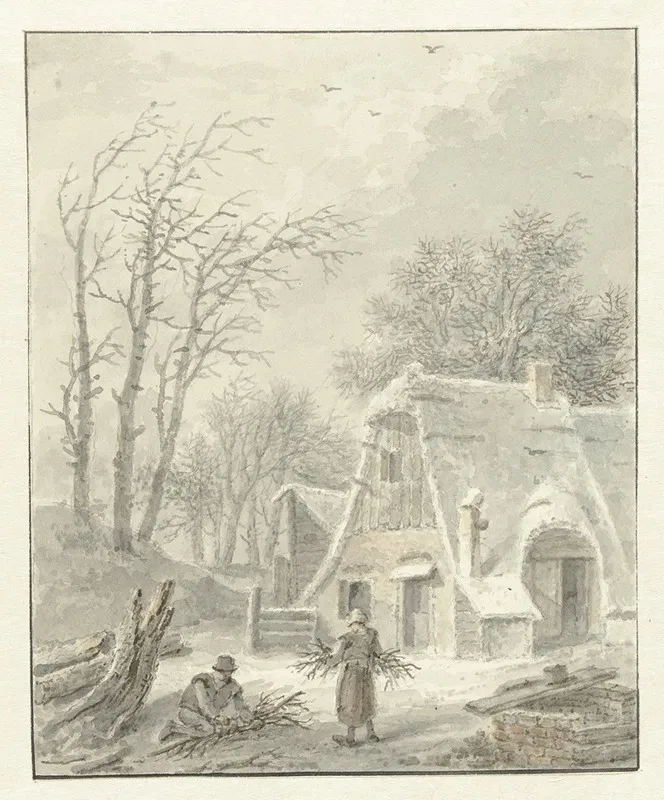 Winterlandschap Met Houtsprokkelaars Voor Boerderij
