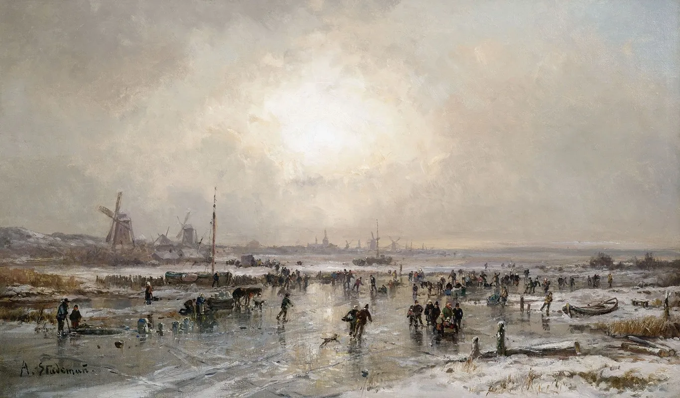 Winterliches Eisvergnugen Auf Einem Zugefrorenen Kanal Vor Hollandischer Stadtsilhouette
