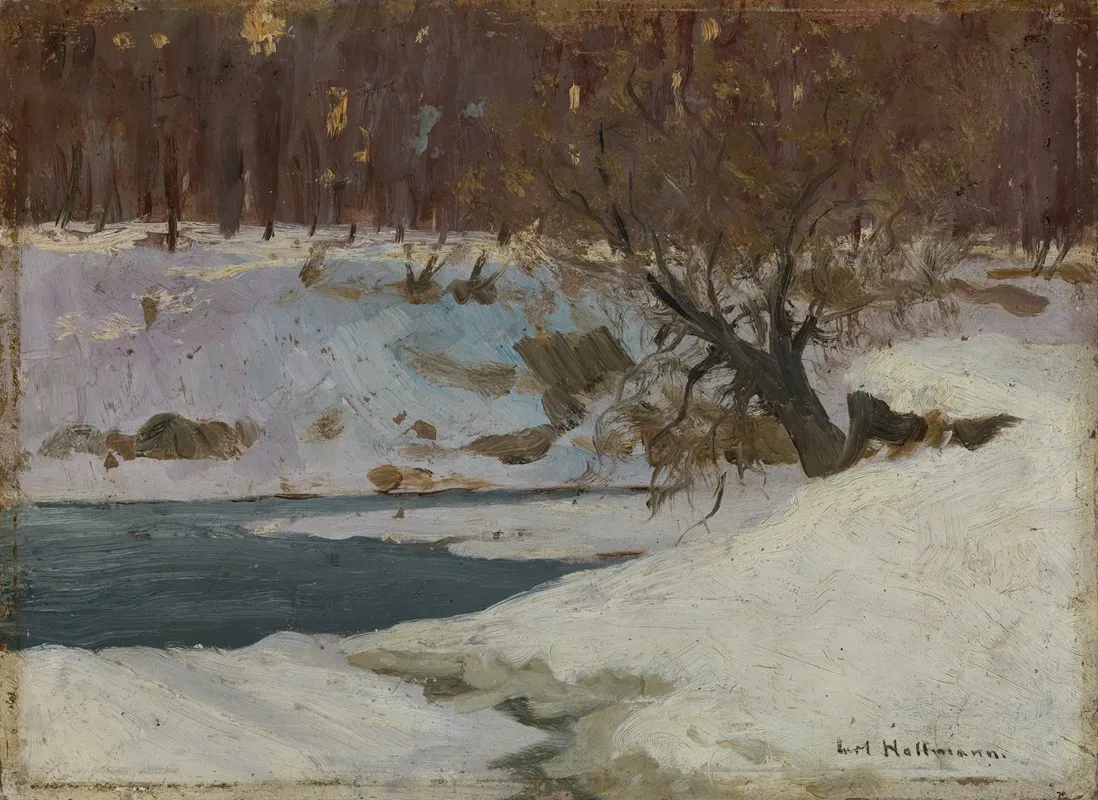 Winterliches Flussufer by Carl Hollmann - Canvas Print