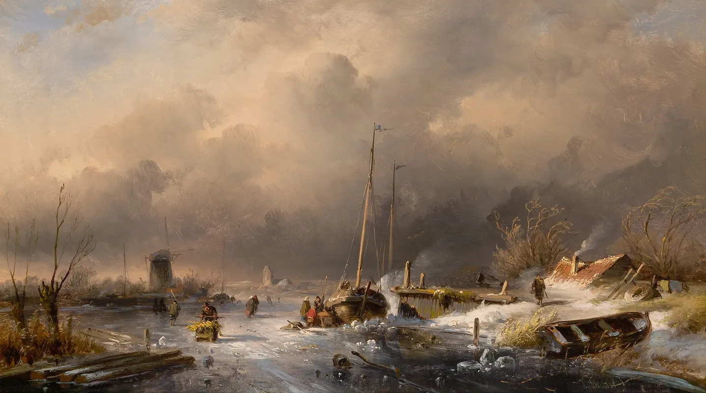 Winterrivierlandschap by Charles Leickert - Canvas Print