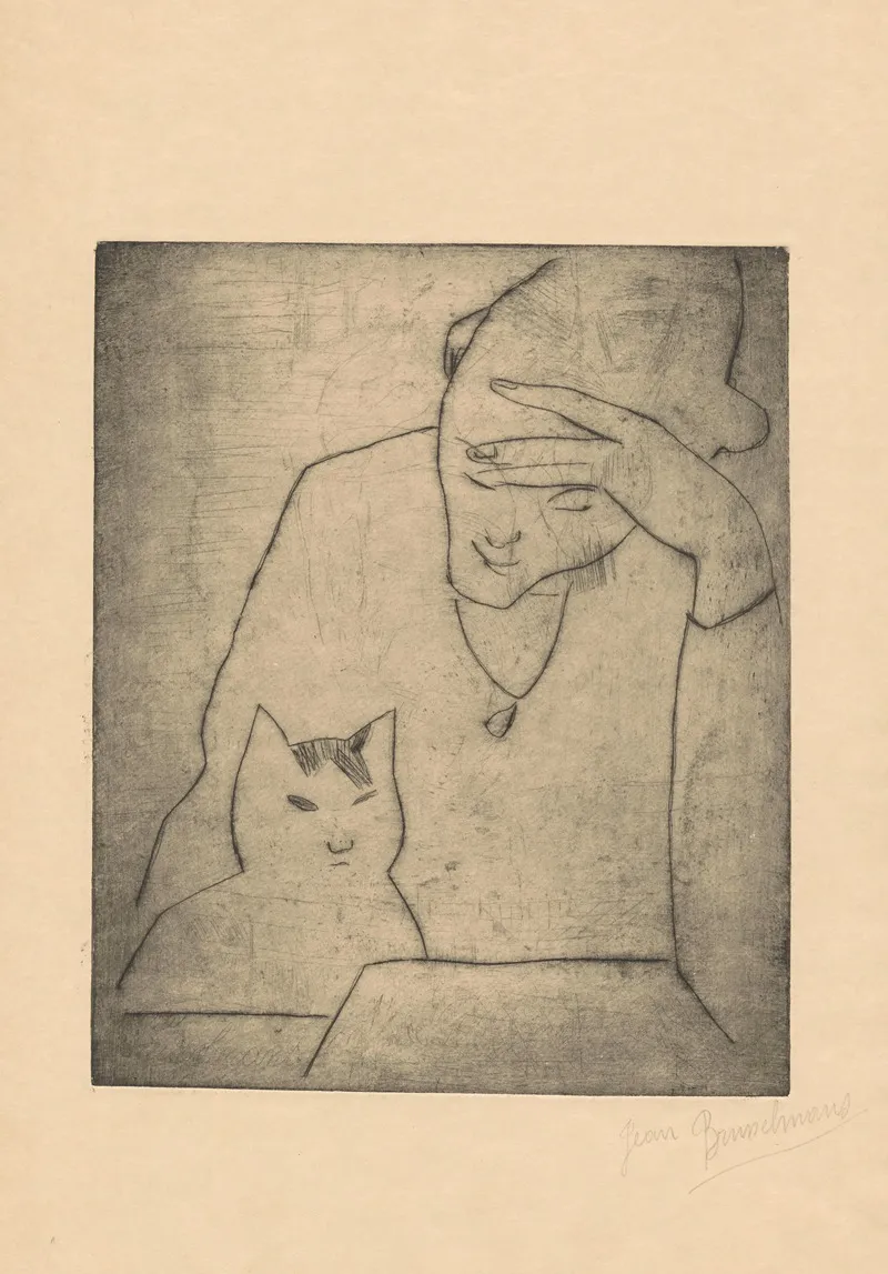 Woman And Cat 2 by Jean Brusselmans - Canvas Print