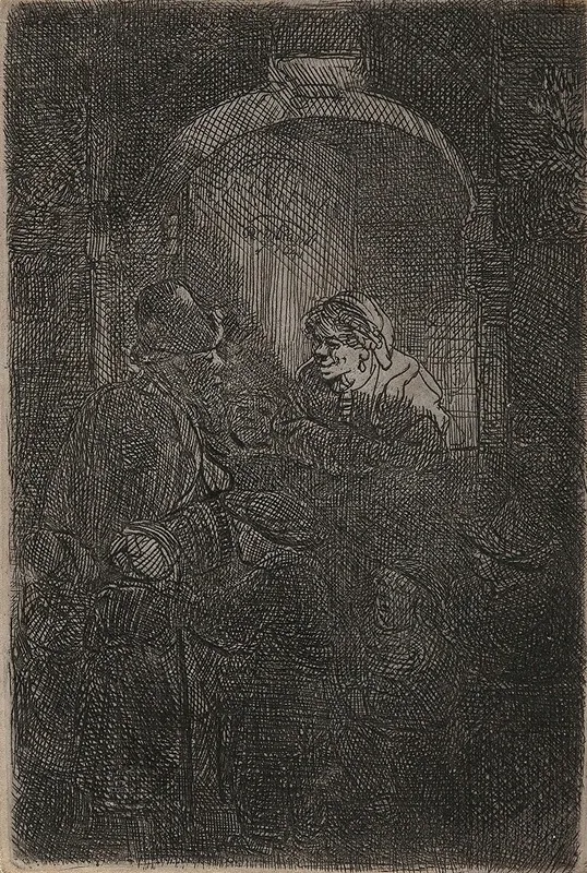 Woman At A Hatch Door Talking To A Man And Children The Schoolmaster by Rembrandt van Rijn - Canvas Print