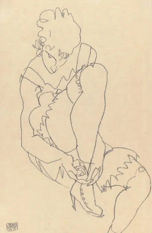 Woman Buttoning Her Shoes by Egon Schiele - Canvas Print