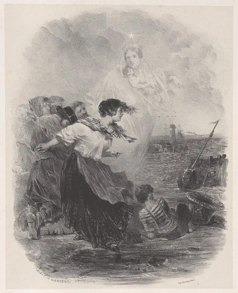 Woman By The Sea With The Madonna Pointing To A Ship by Celestin Nanteuil - Canvas Print