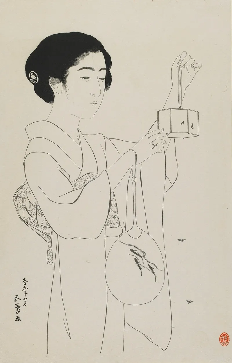 Woman Holding A Firefly Cage by Hashiguchi Goyō - Canvas Print