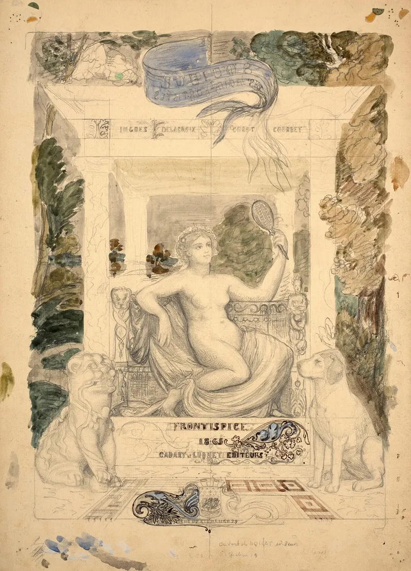 Woman Holding A Mirror Flanked By A Lion And A Dog Study For The Frontispiece Of The Societe Des Aquafortistes