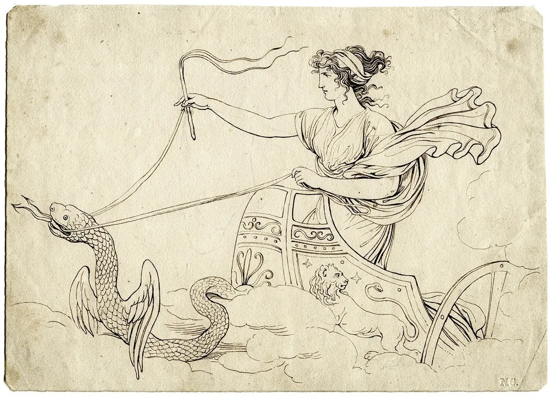 Woman In A Chariot Drawn By A Winged Snake