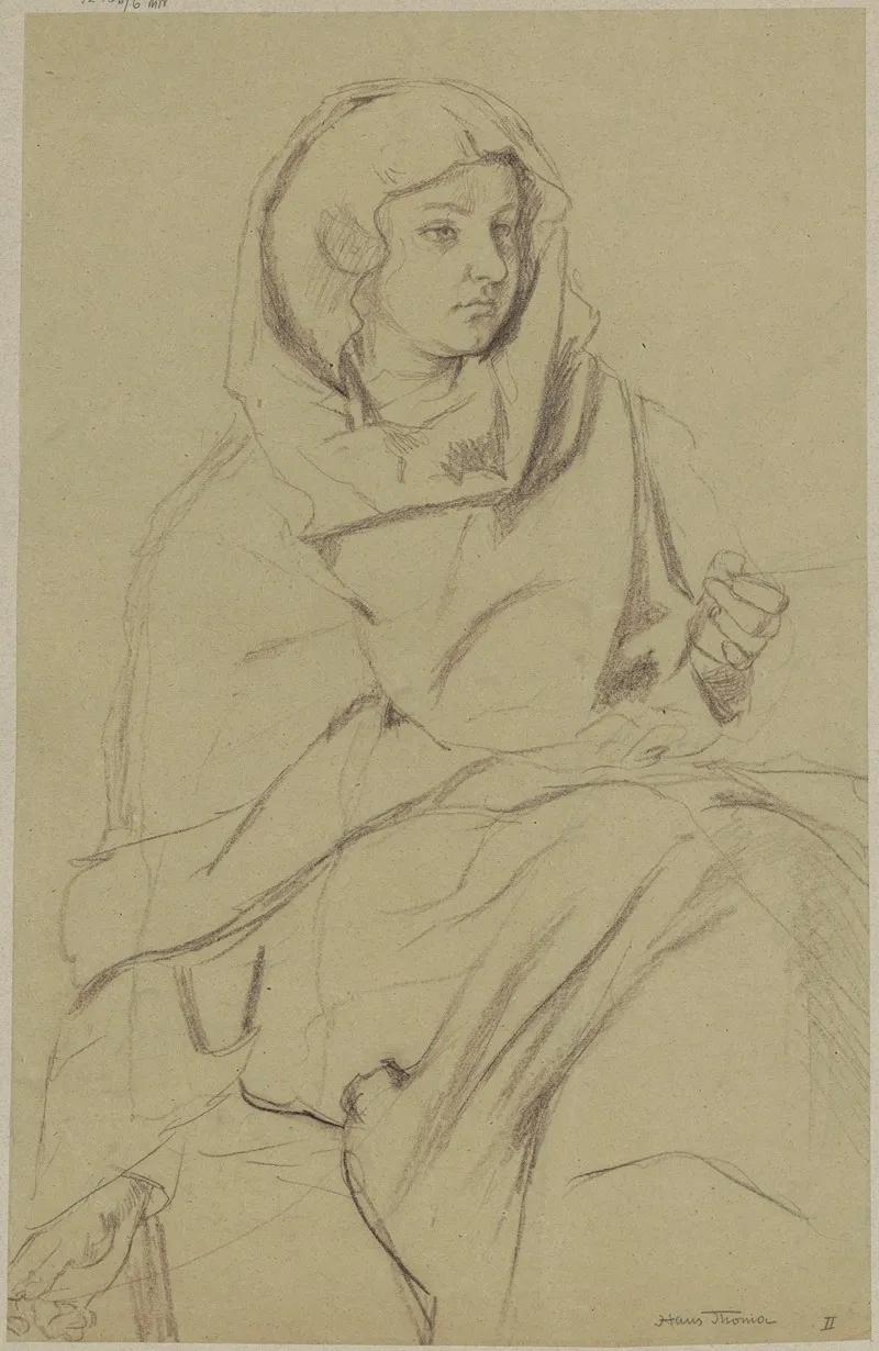 Woman In A Strongly Creased Robe And A Scarf On Her Head Spinning A Thread