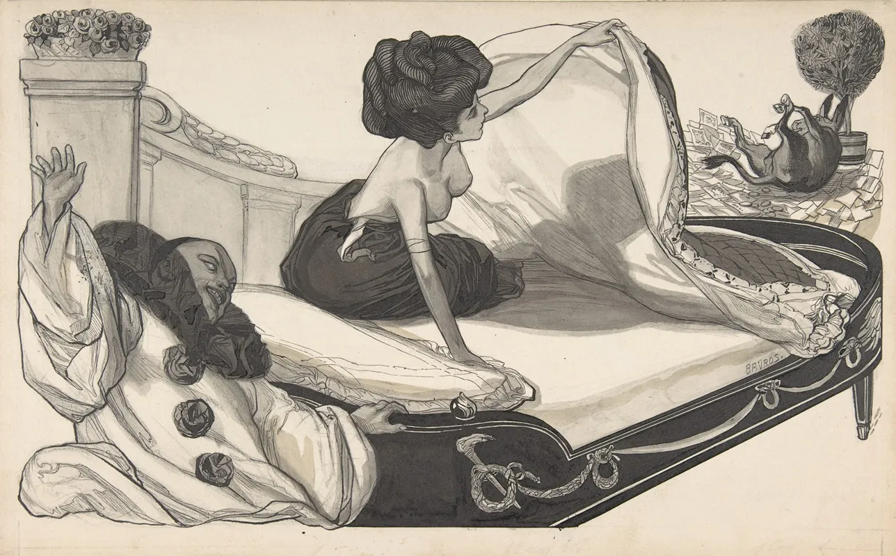 Woman In Bed Observing A Donkey by Franz von Bayros - Canvas Print