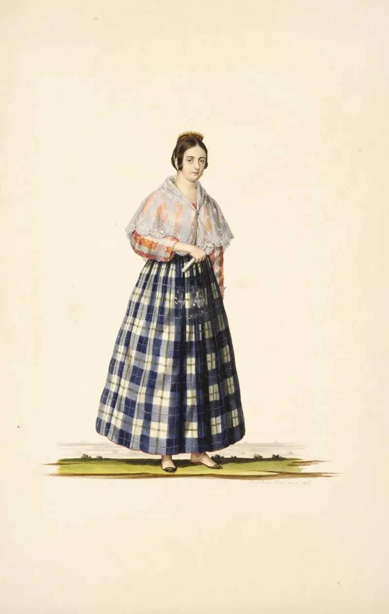 Woman In Blue And Green Plaid Skirt Orange And White Striped Shirt White Shawl Holding Closed Fan by Justiniano Asuncion - Canvas Print
