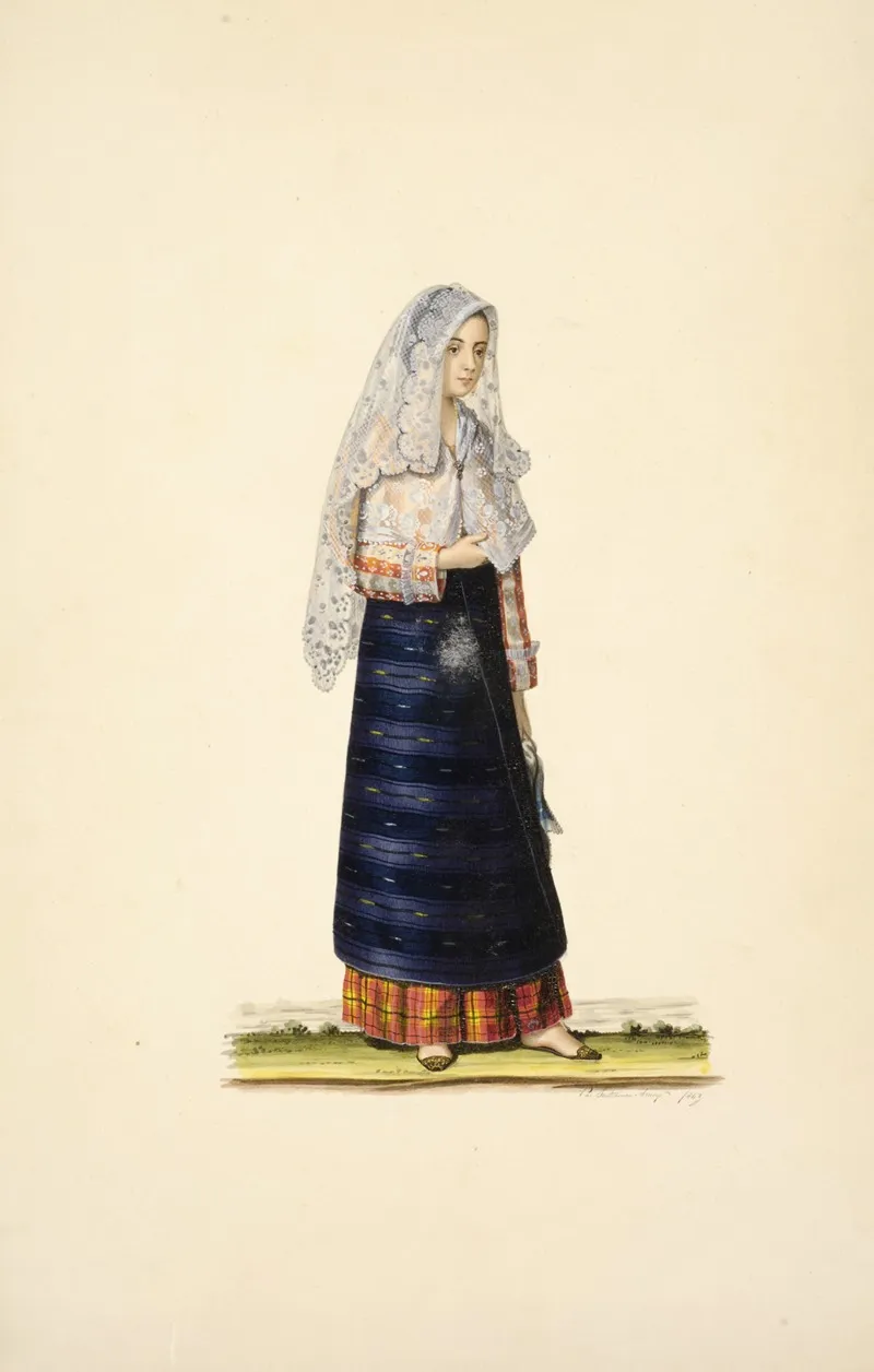 Woman In Blue Apron Orange And Yellow Plaid Skirt Red And White Striped Shirt Long White Veil Holding Scarf