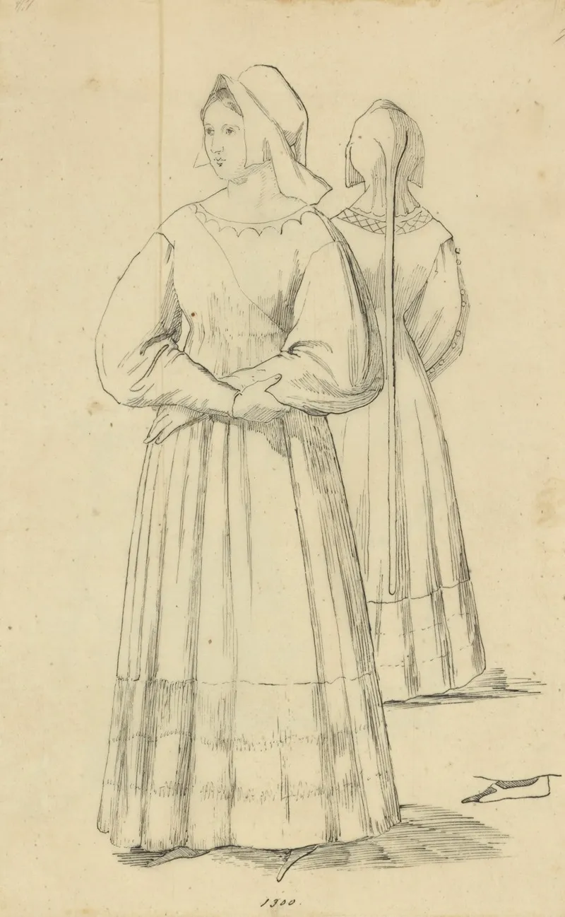 Woman In Bonnet And Long Dress With Full Sleeves With Back View Shown In Mirror 1300