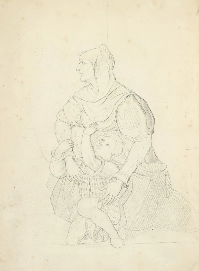 Woman In Head Piece And Dress With Shawl With Boy In Doublet And Breeches