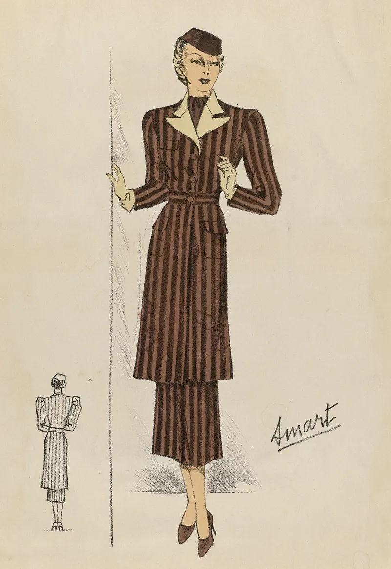 Woman In Striped Long Coat And Dress