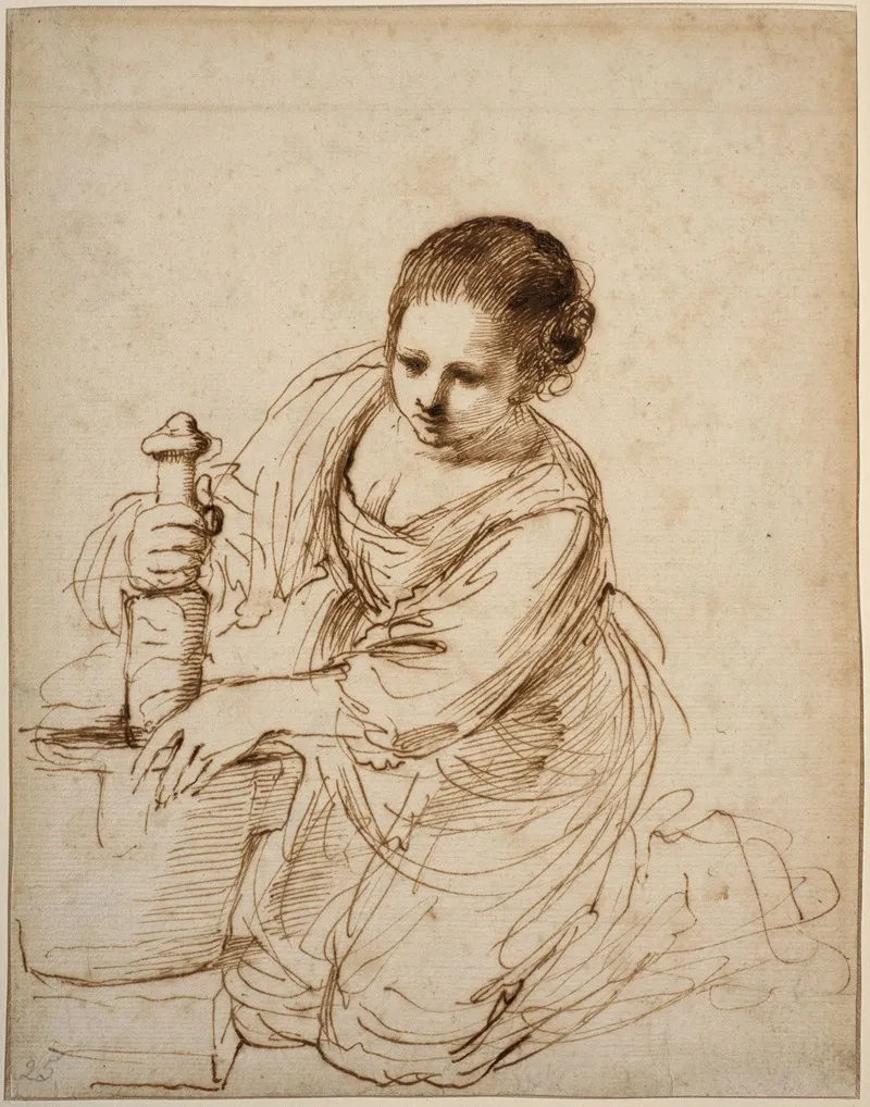 Woman On Her Knees Holding A Pestle And A Mortar
