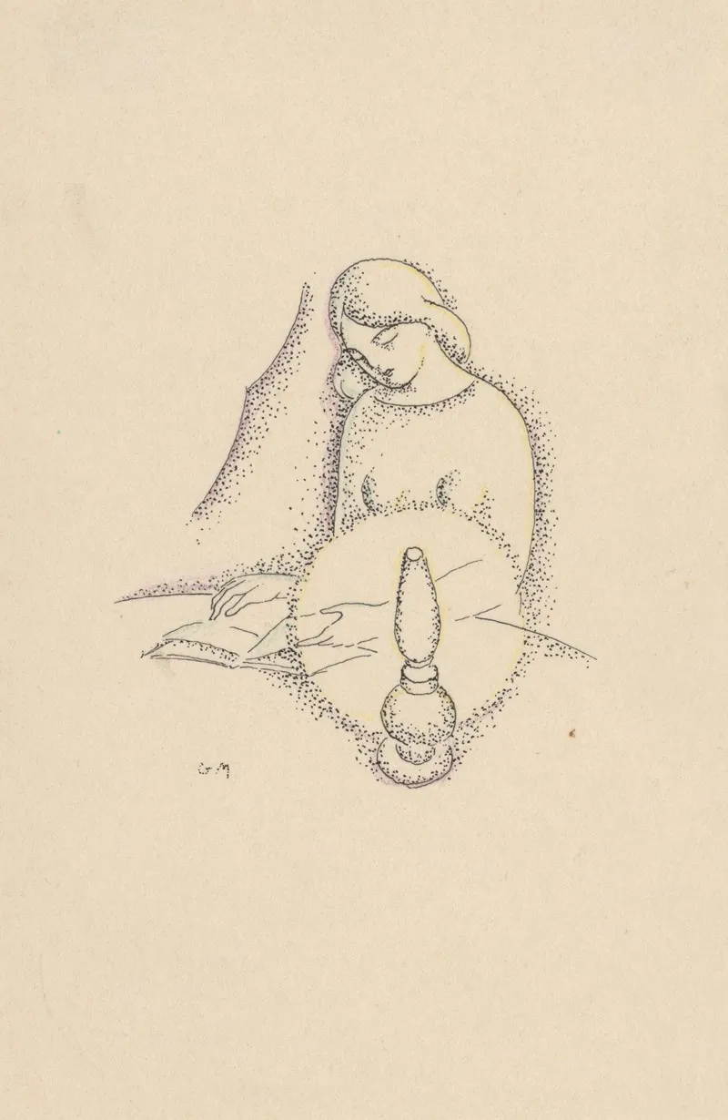 Woman Reading A Book By A Kerosene Lamp