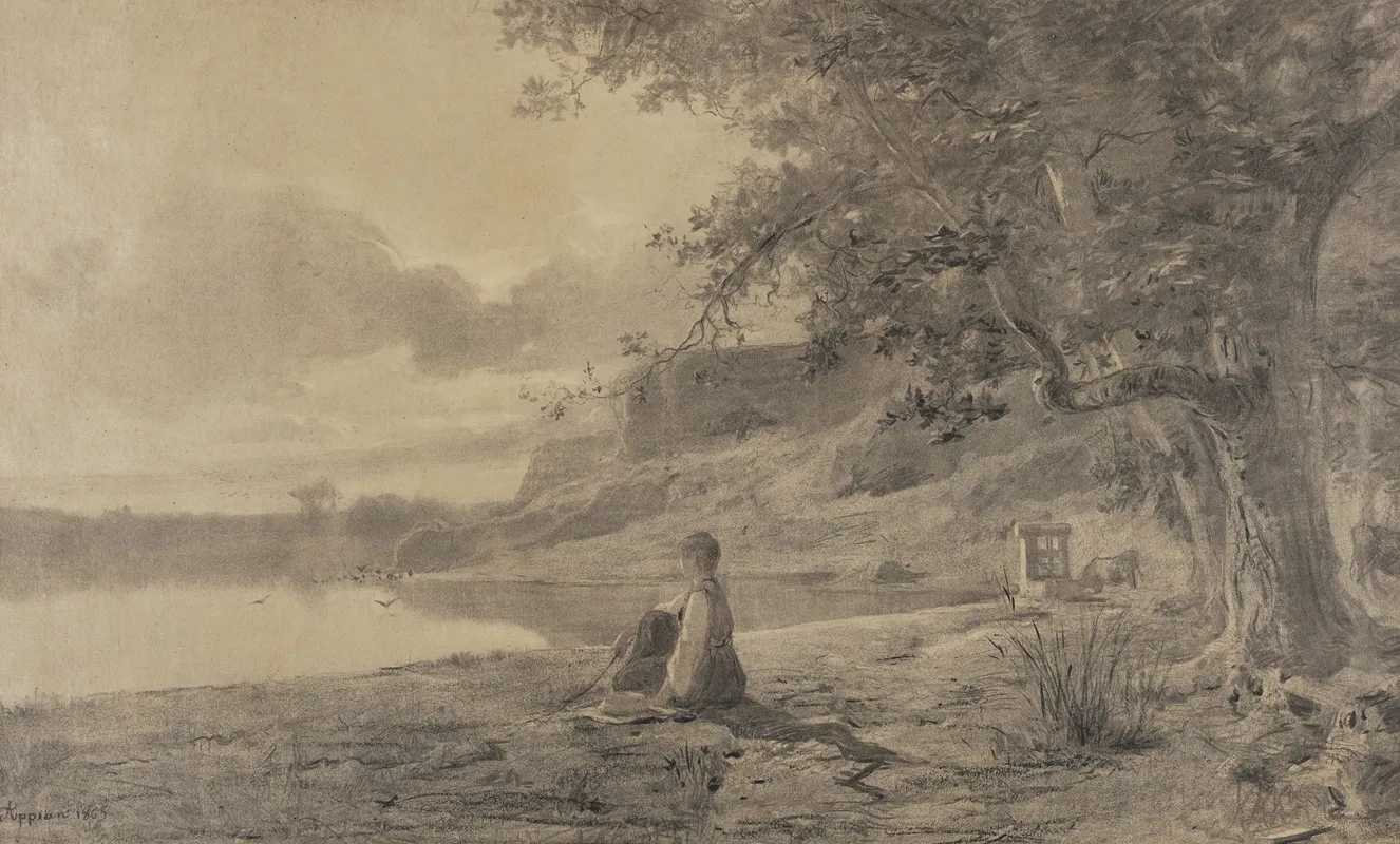 Woman Seated At The Edge Of A Pond by Adolphe Appian - Canvas Print