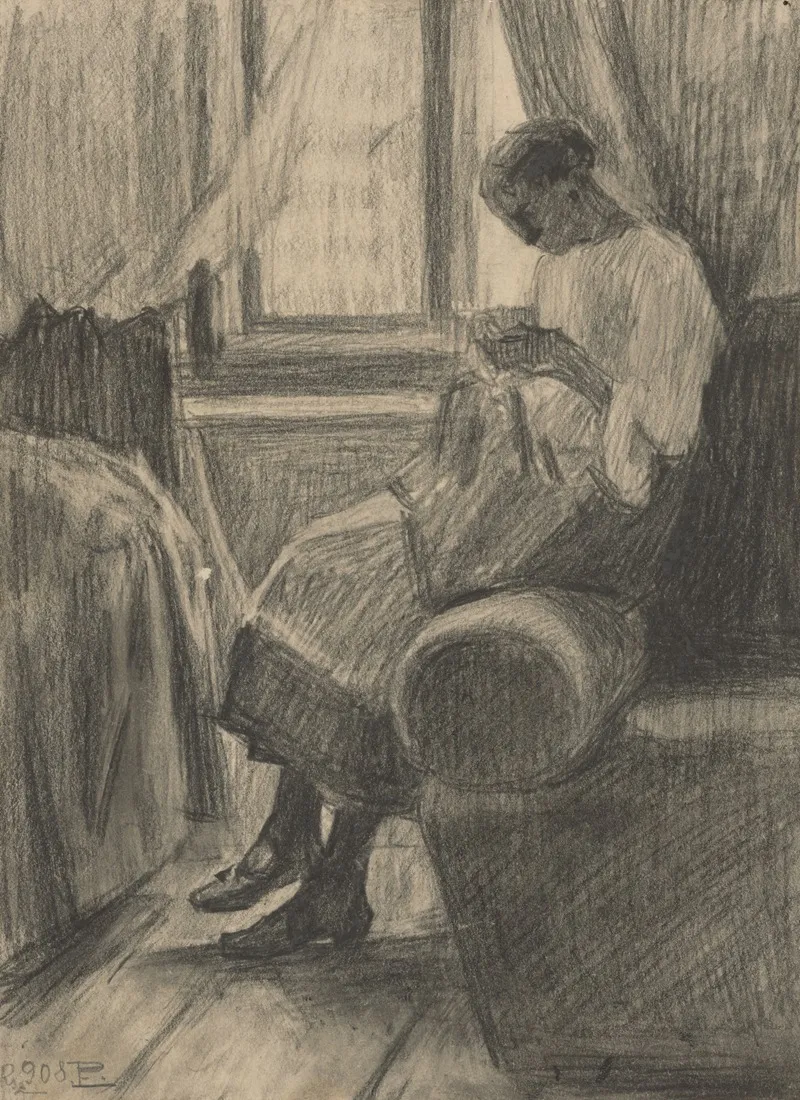Woman Sewing By The Window by Eduard Putra - Canvas Print