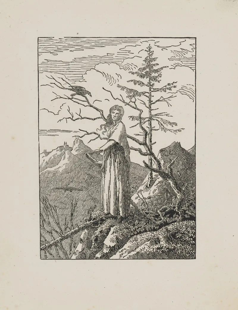 Woman With A Raven At A Precipice