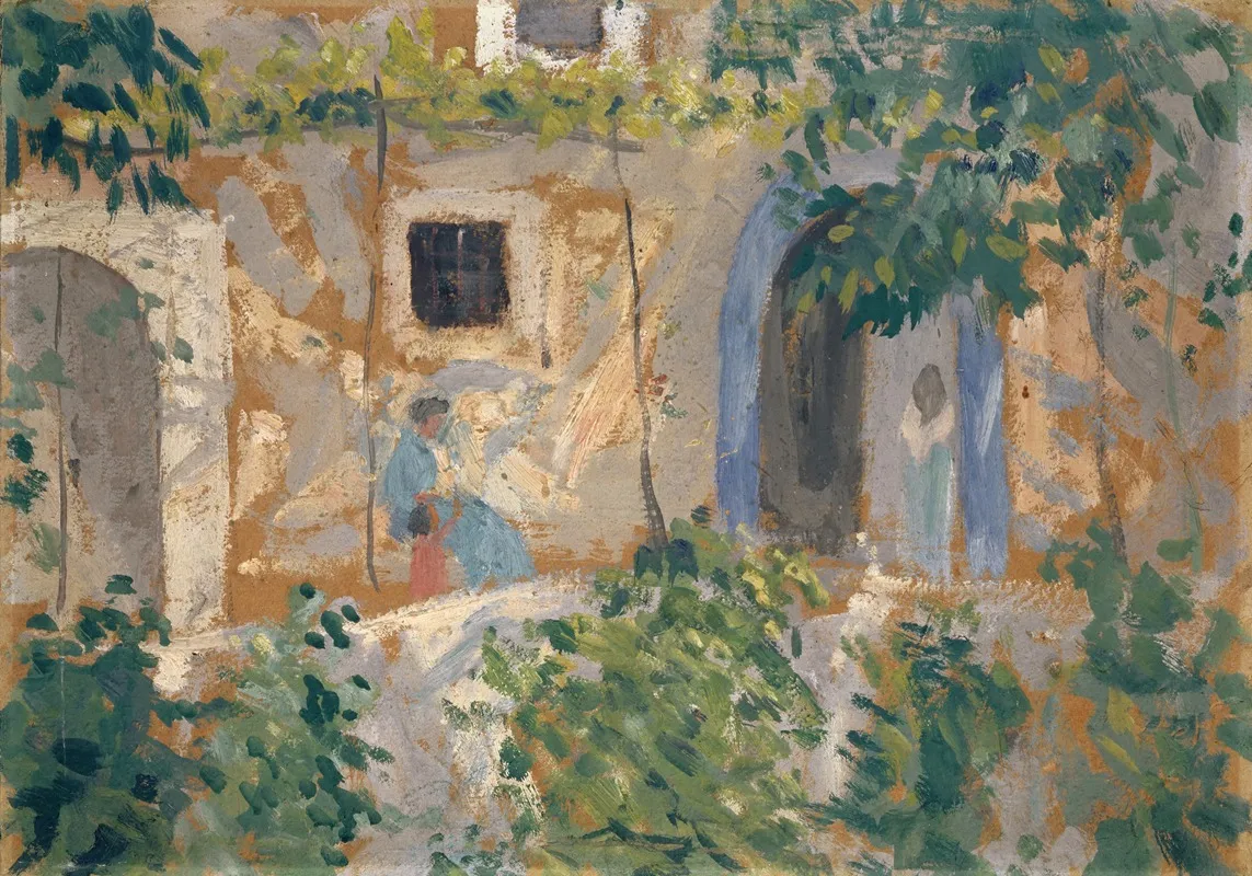 Woman With Child In Front Of A House by Ernst Schiess - Canvas Print