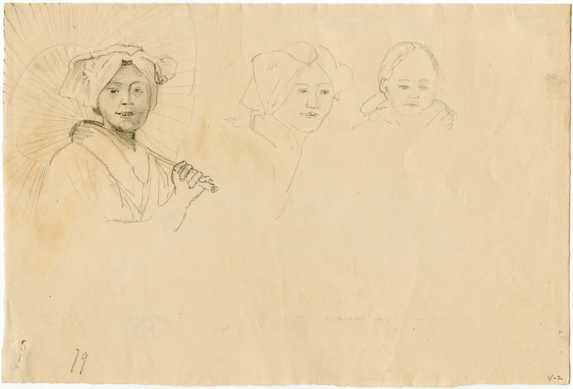 Woman With Sunshade Head Of A Woman Head Of A Child
