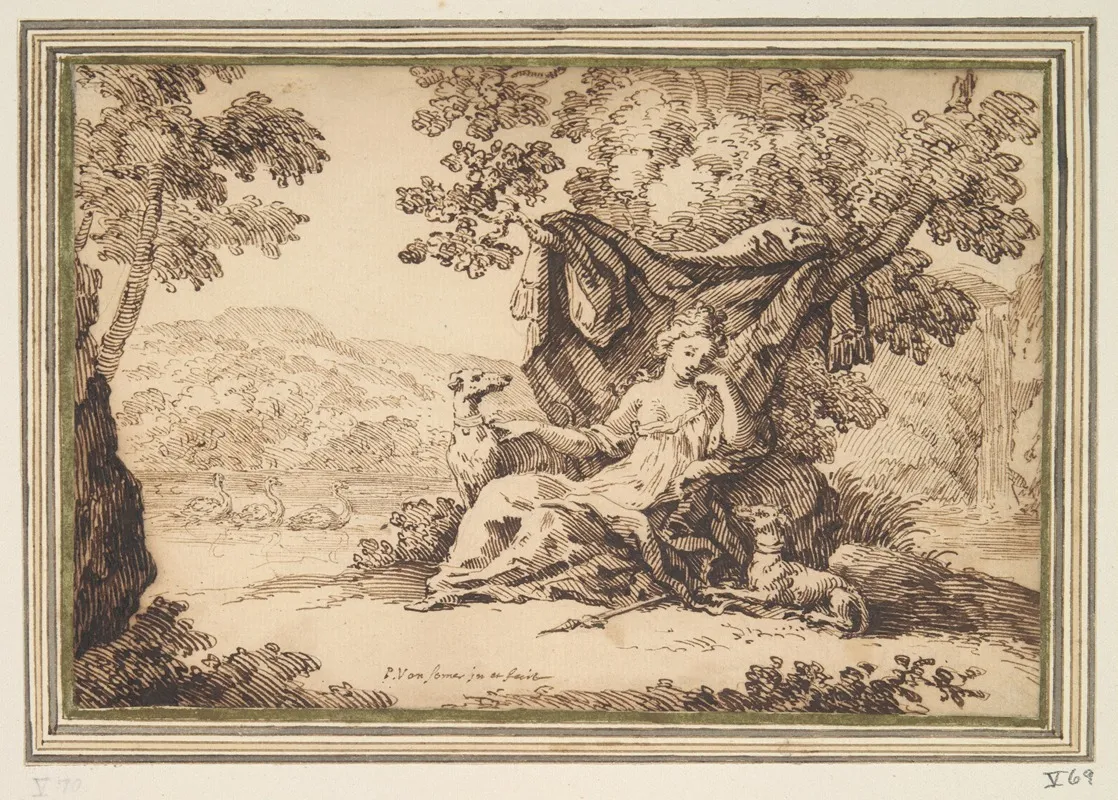 Woman With Two Dogs Seated In A Landscape by Paul van Somer - Canvas Print