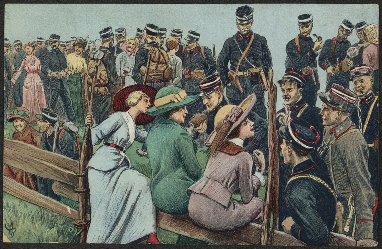 Women And Soldiers by Andreas Bloch - Canvas Print