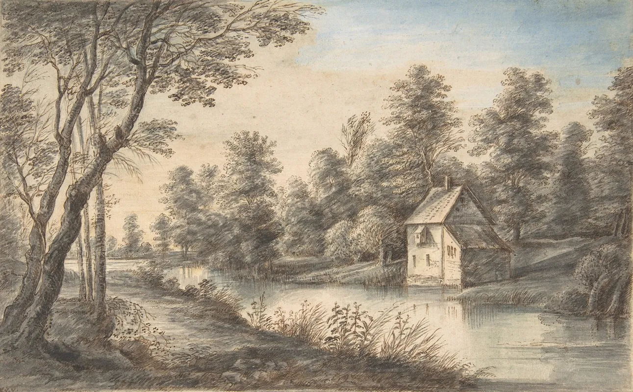 Wooded Landscape With A House Beside A River by Lucas van Uden - Canvas Print