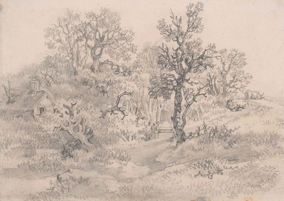 Wooded Landscape With Cottage Cowherd And Cow