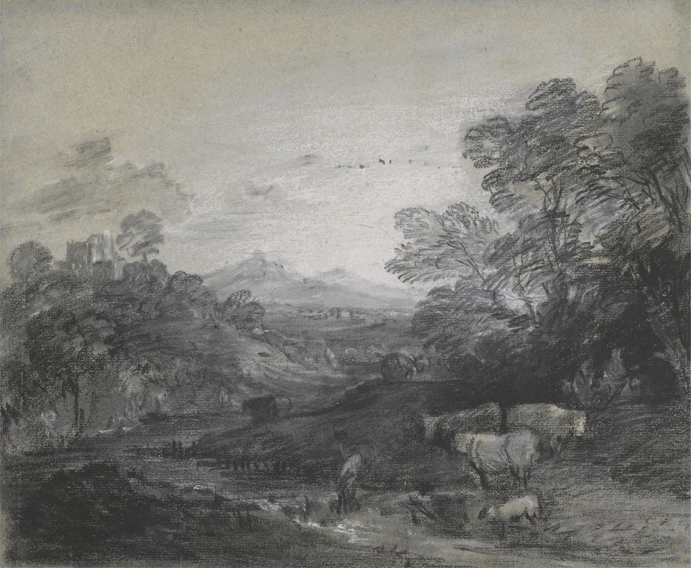 Wooded Landscape With Herdsmen And Cattle Buildings On A Hill And Rustic Lovers