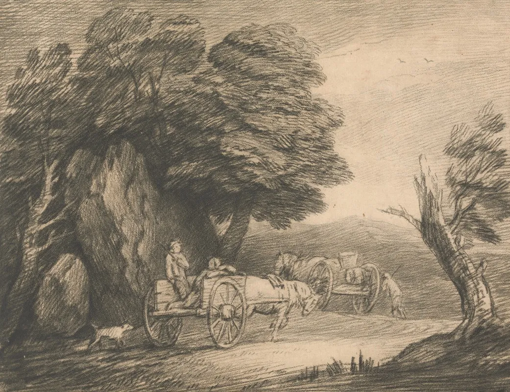 Wooded Landscape With Two Country Carts And Figures