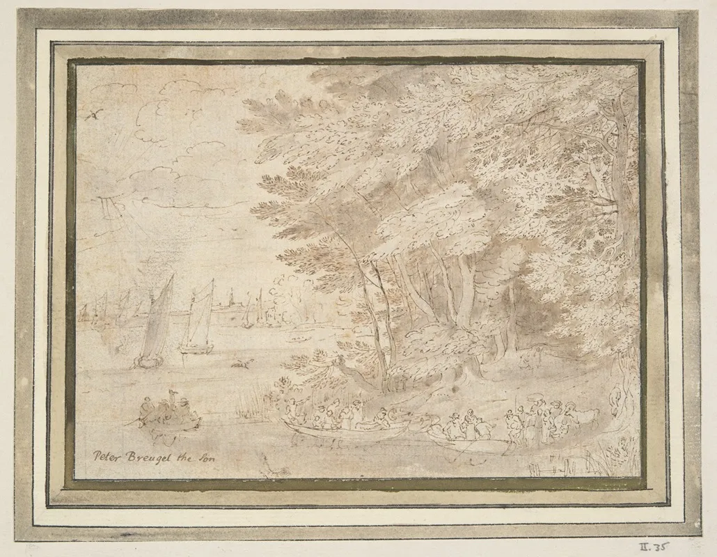 Wooded Shore With People Embarking In Boats