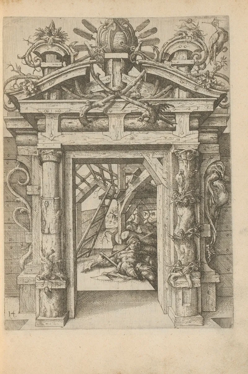 Wooden Portal With Pine Cones Birds And Branches And Inside Lies A Man by Wendel Dietterlin - Canvas Print