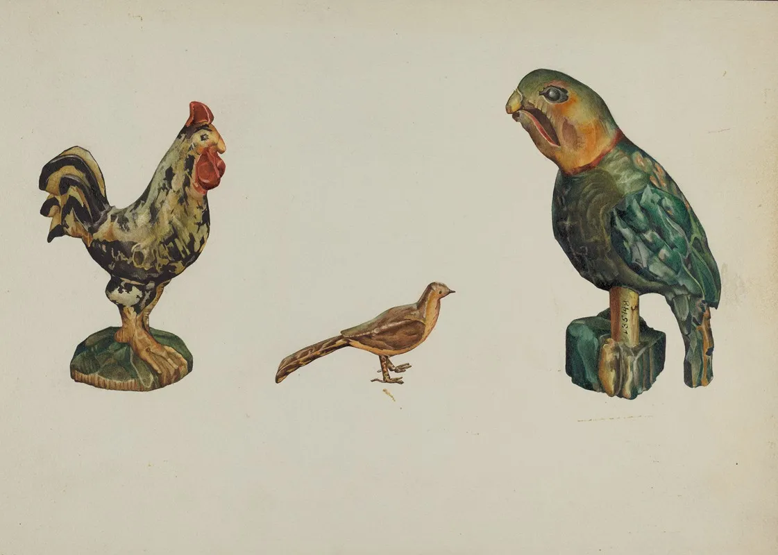 Wooden Rooster Pheasant And Parrot by Victor F. Muollo - Canvas Print