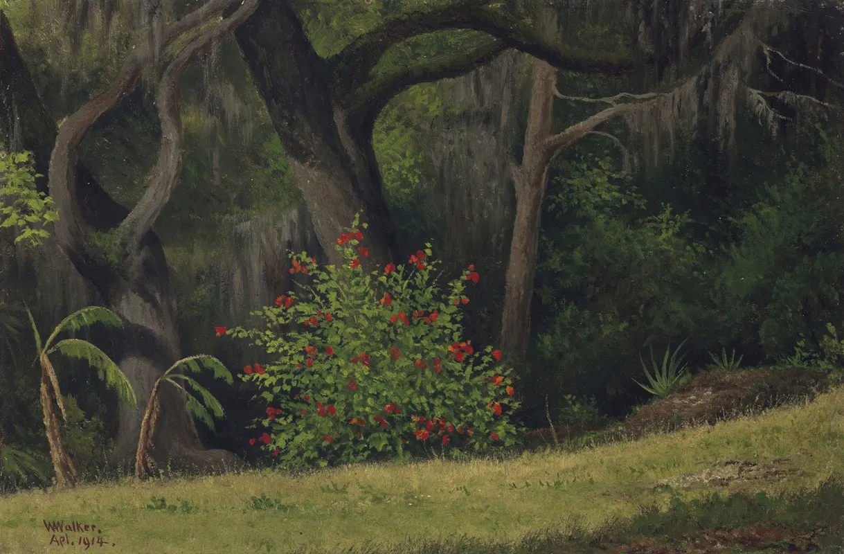 Woodland Scene With Red Flowered Bush