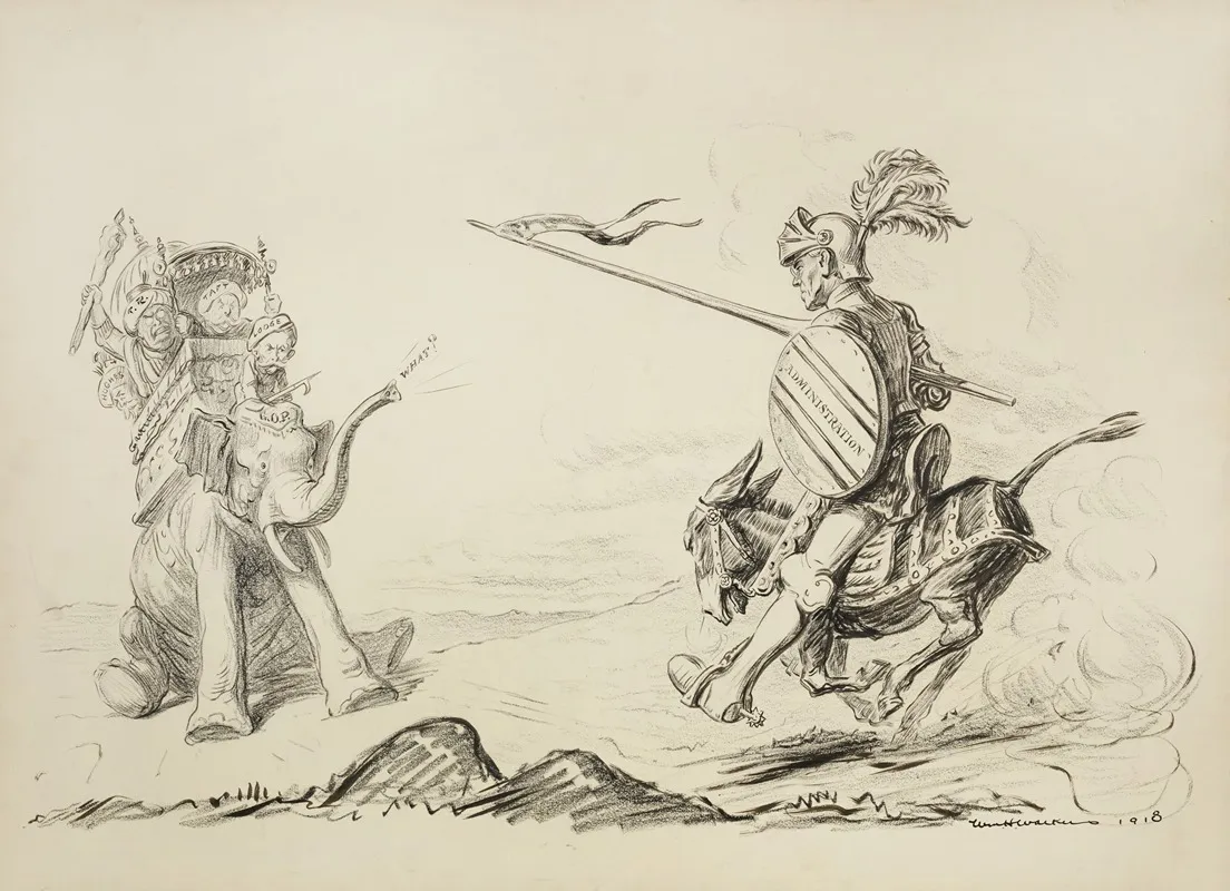 Woodrow Wilson As A Knight Fiercely Charges On The Democratic Party Donkey Towards The Republican Party Elephant